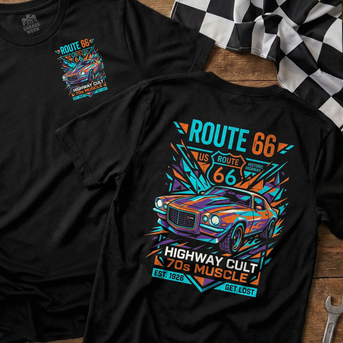 Black t-shirt with "Route 66 Highway Cult 70s Muscle" text and a vintage car graphic.