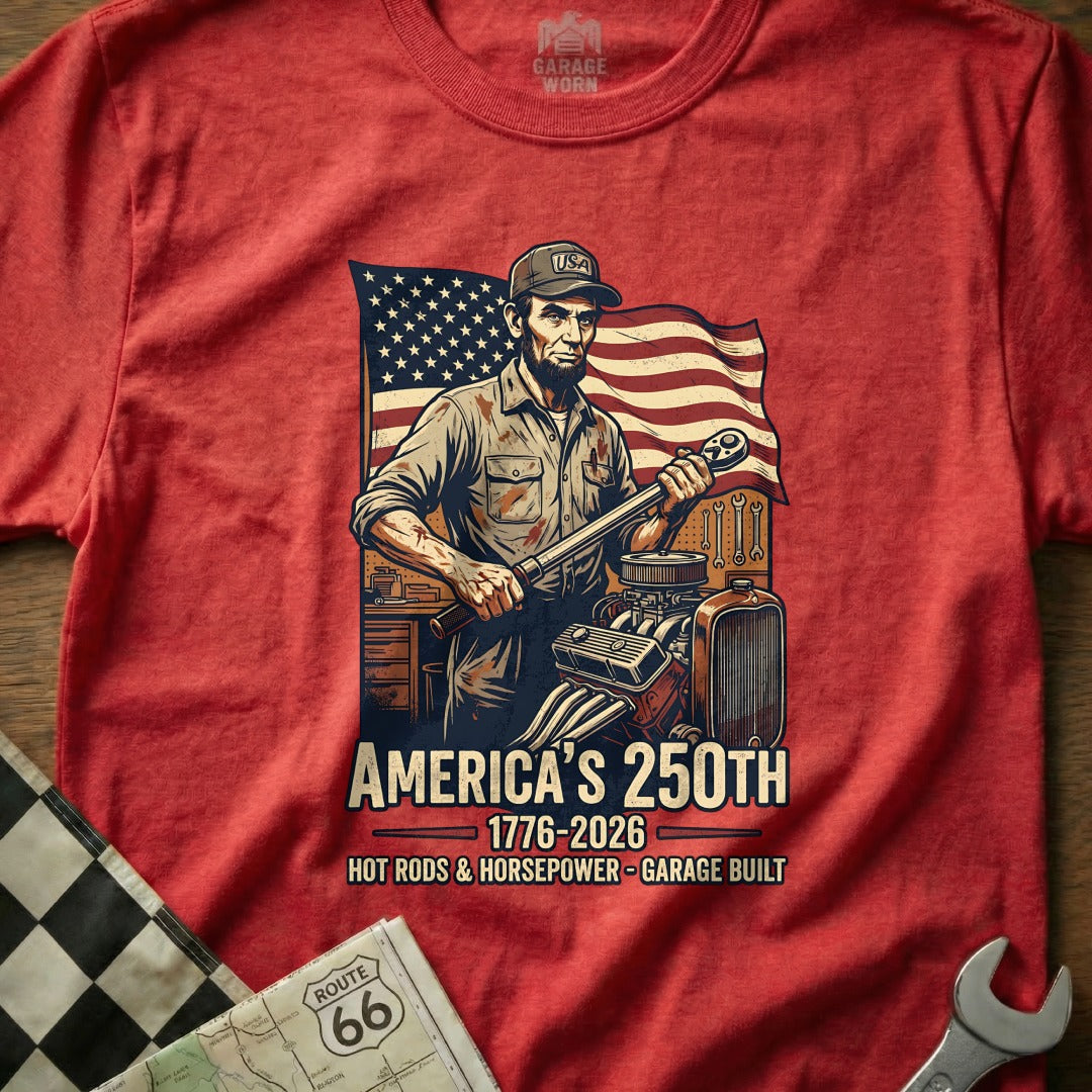 Abraham Lincoln with wrench and engine, USA flag, "America's 250th" text.