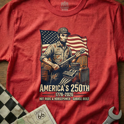 Abraham Lincoln with wrench and engine, USA flag, "America's 250th" text.