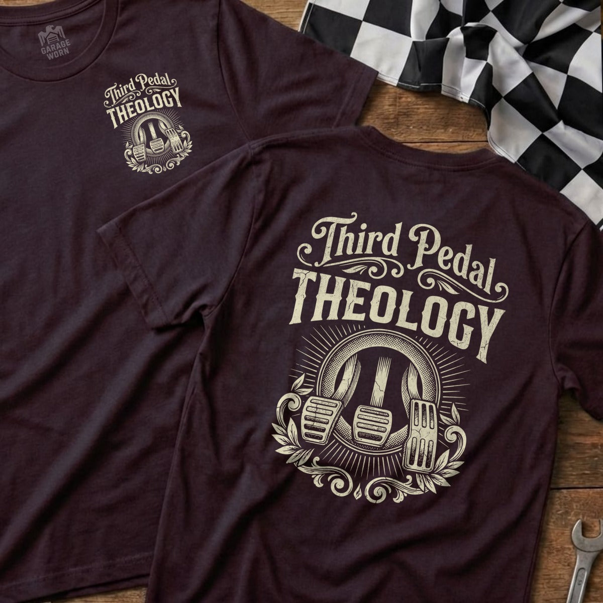 Burgundy t-shirt with "Third Pedal Theology" and a vintage pedal design.