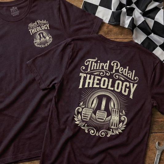 Burgundy t-shirt with "Third Pedal Theology" and a vintage pedal design.