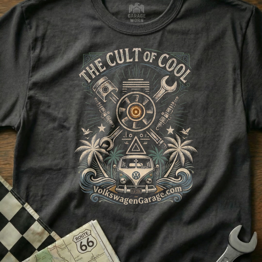 Dark t-shirt featuring "The Cult of Cool" with a vintage VW van and pistons.
