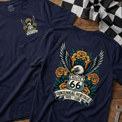 Navy t-shirt back: Eagle and Route 66 Centennial Heritage design with flowers.