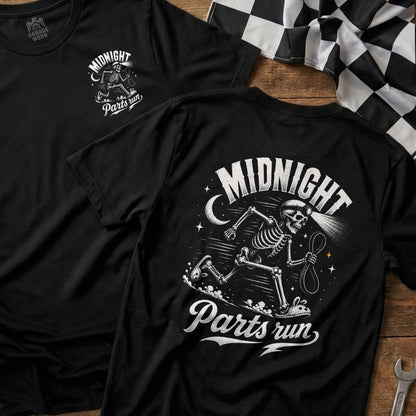 Black t-shirt with skeleton running graphic and "Midnight Parts run" text.