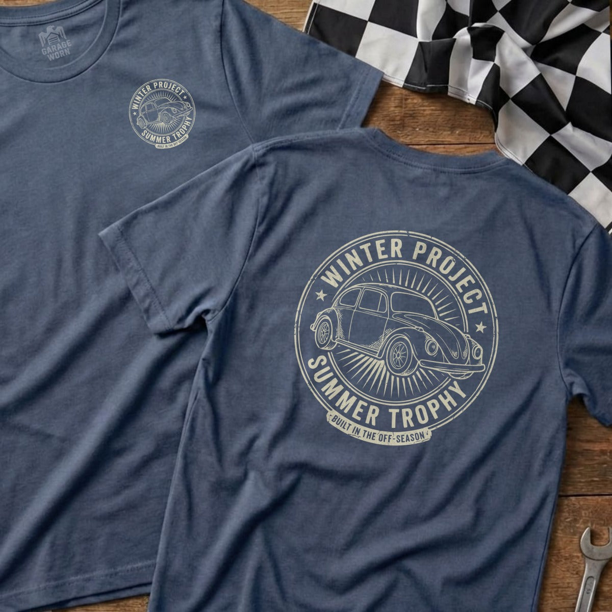 Navy t-shirts with a vintage car and text "Winter Project Summer Trophy".