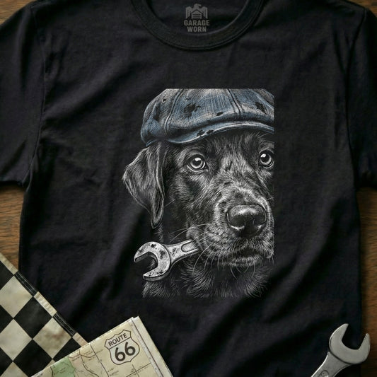 Black Labrador wearing a cap holding a wrench in its mouth.