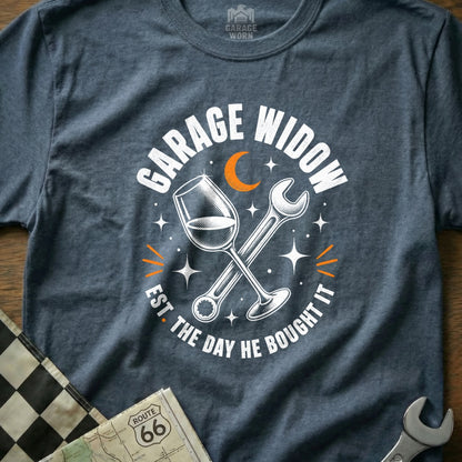 "Garage Widow Est. The Day He Bought It" graphic tee with wine glass and wrenches.