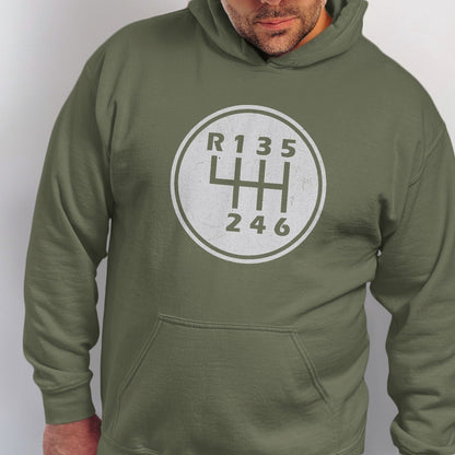 Green hoodie with a white circular graphic of a manual transmission shift pattern.