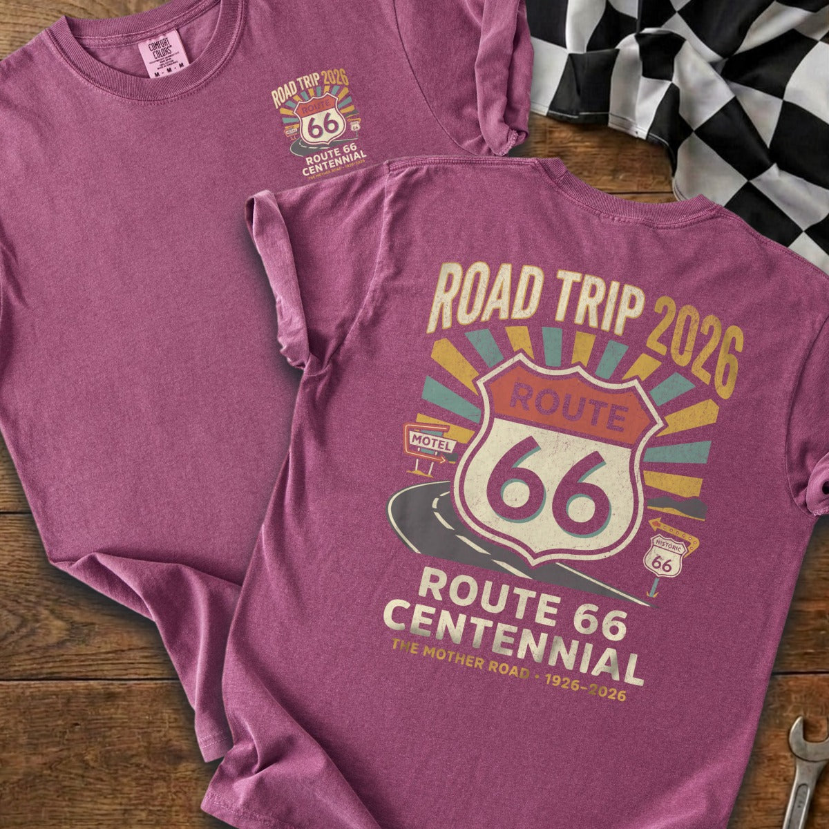 Purple t-shirt featuring Route 66 Centennial graphics and the text "Road Trip 2026".