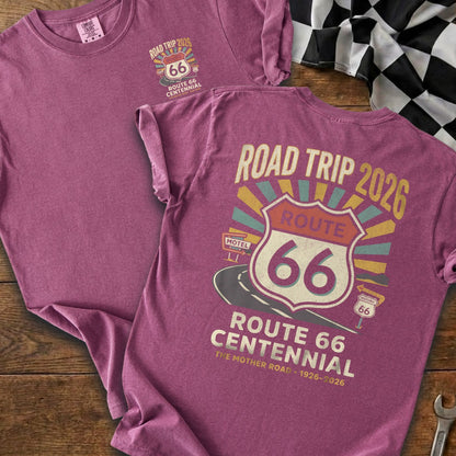Purple t-shirt featuring Route 66 Centennial graphics and the text "Road Trip 2026".