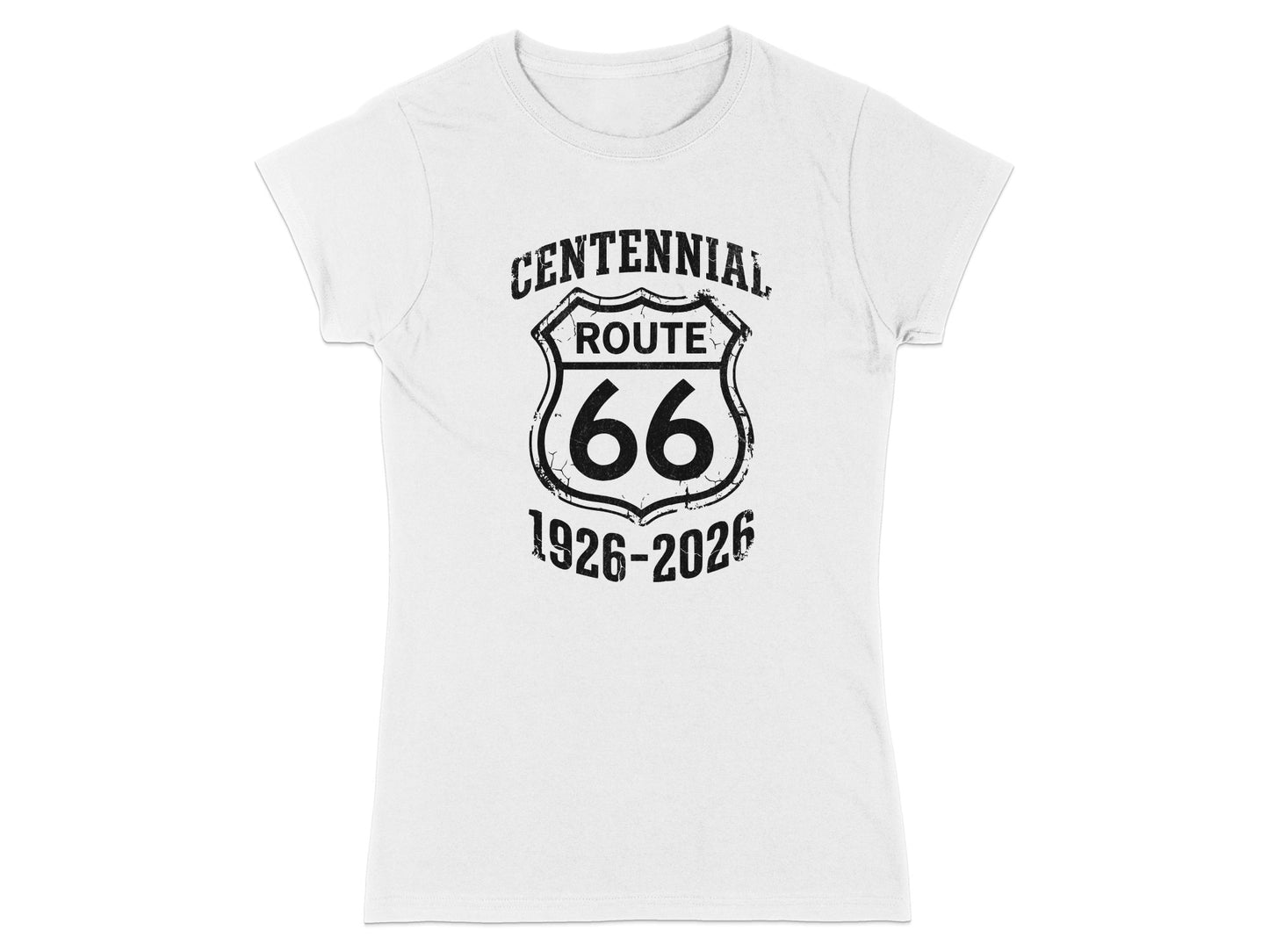 White t-shirt with "Centennial Route 66 1926-2026" graphic.