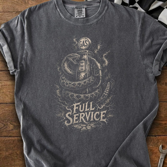 T-shirt graphic with snake wrapped around a vintage gas pump, text reads "FULL SERVICE".