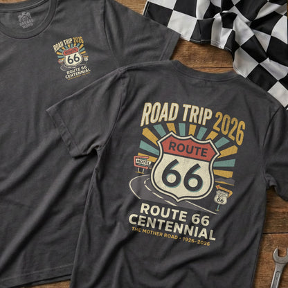 Dark grey t-shirt featuring "Road Trip 2026 Route 66 Centennial" graphic.