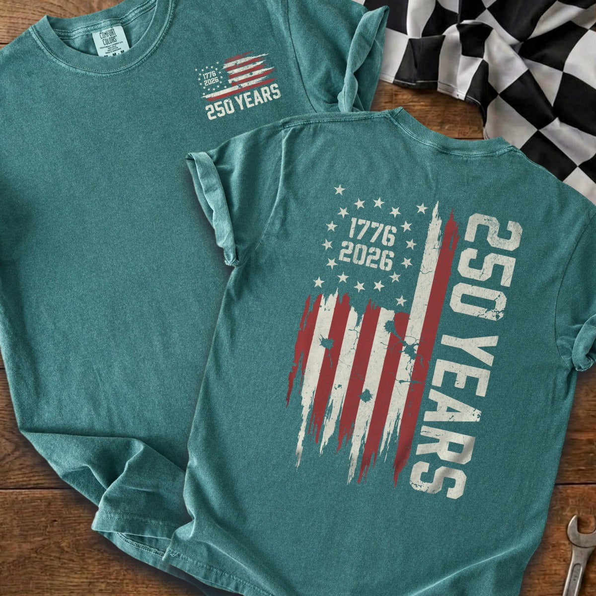 T-shirt with distressed American flag graphic and "250 Years" text.