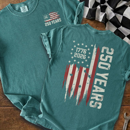 T-shirt with distressed American flag graphic and "250 Years" text.