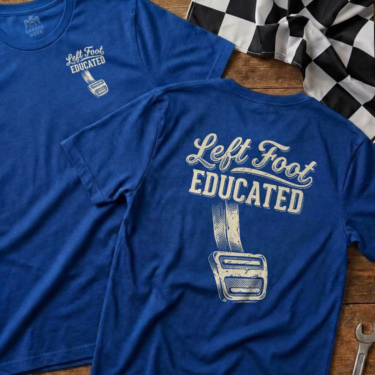Two blue t-shirts with "Left Foot Educated" and a gas pedal graphic.