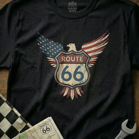 Black t-shirt with distressed Route 66 eagle emblem and checkered flag detail.