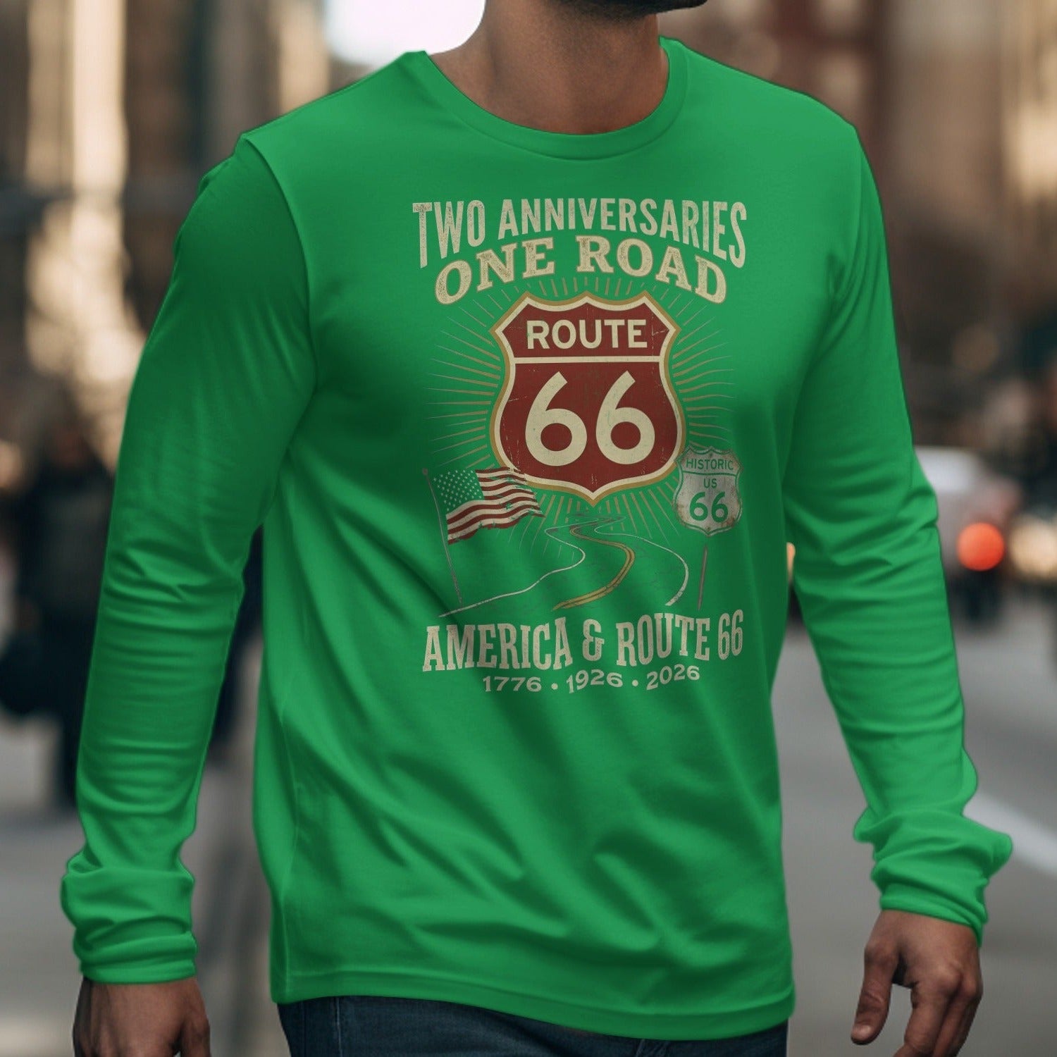 Green long-sleeve shirt with Route 66 and America text and graphics.