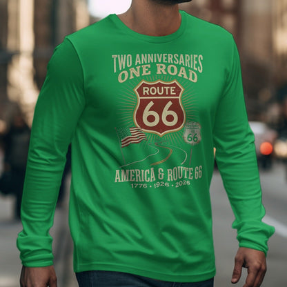 Green long-sleeve shirt with Route 66 and America text and graphics.