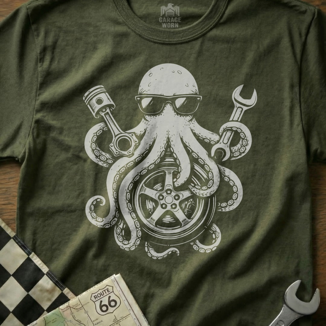 Octopus Mechanic Graphic Tee Shirt with Tools Design
