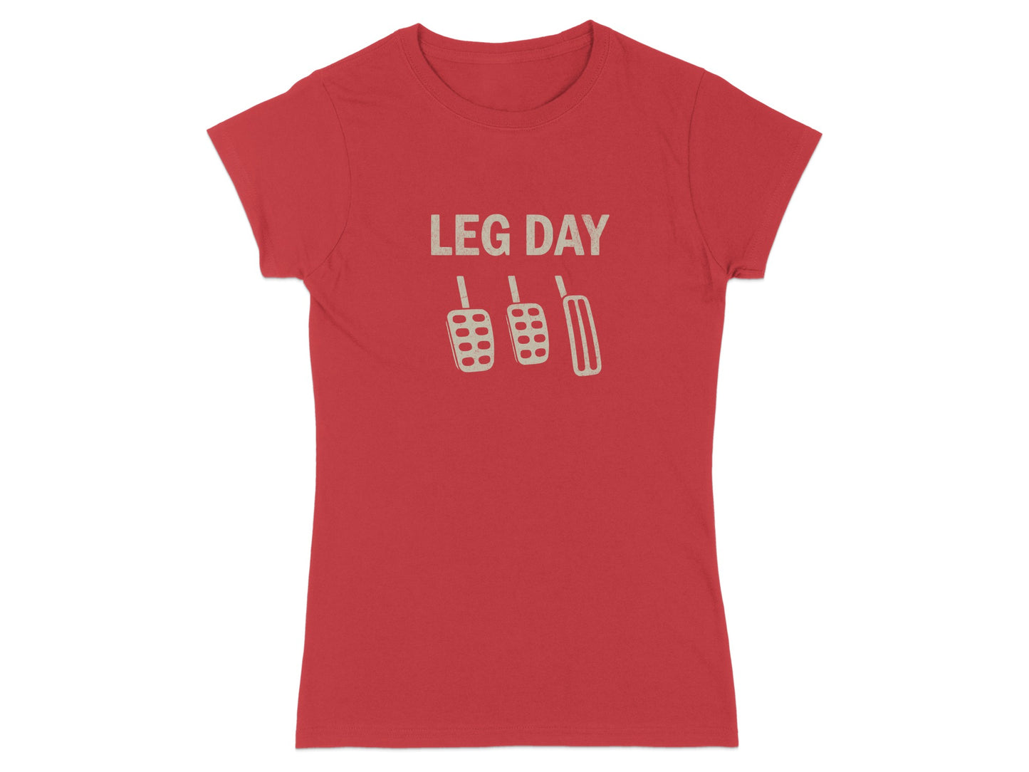Red t-shirt with "LEG DAY" and three car pedals graphic.