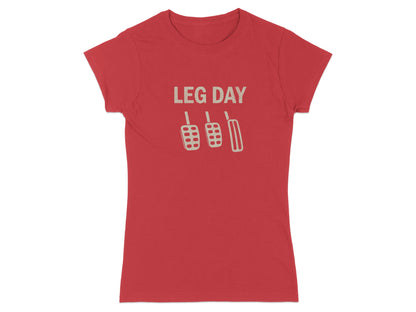 Red t-shirt with "LEG DAY" and three car pedals graphic.