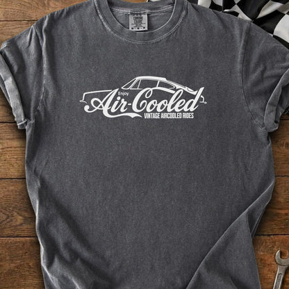 Dark gray t-shirt with white "Enjoy Air-Cooled Vintage Aircooled Rides" graphic.
