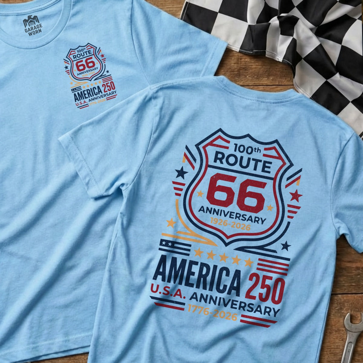 Light blue t-shirts with Route 66 100th anniversary and America 250 designs.