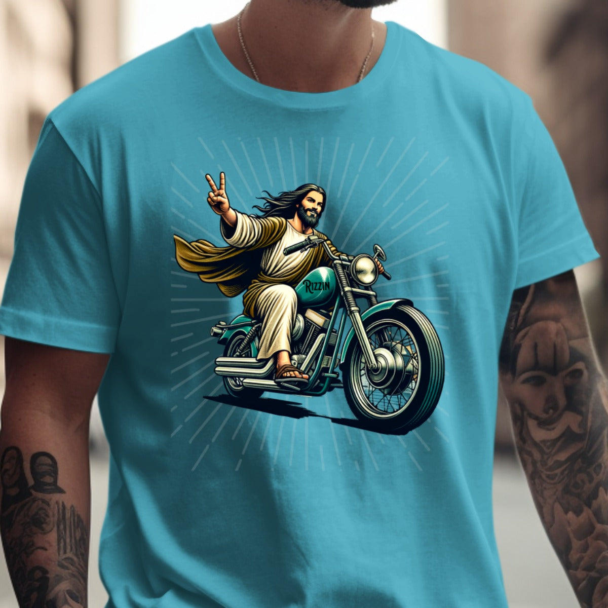 Vibrant Jesus on Motorcycle Graphic T-Shirt product