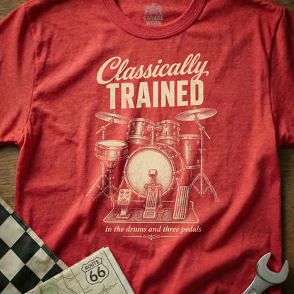 Red t-shirt with "Classically Trained" and drum set graphic.