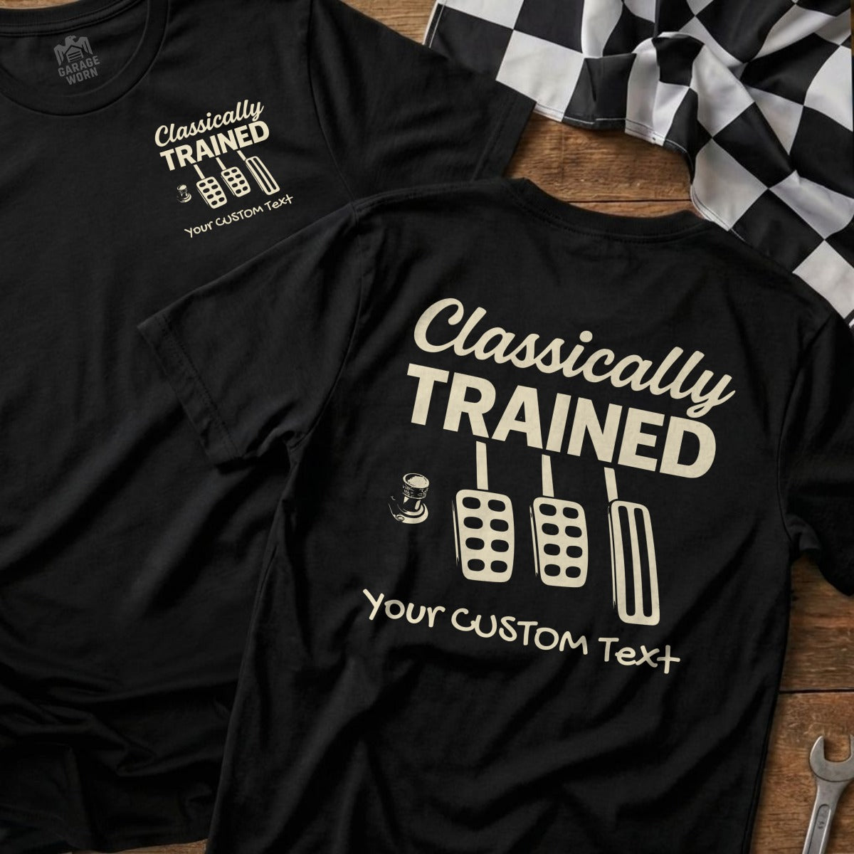 Black t-shirts with "Classically Trained" and pedals graphic.