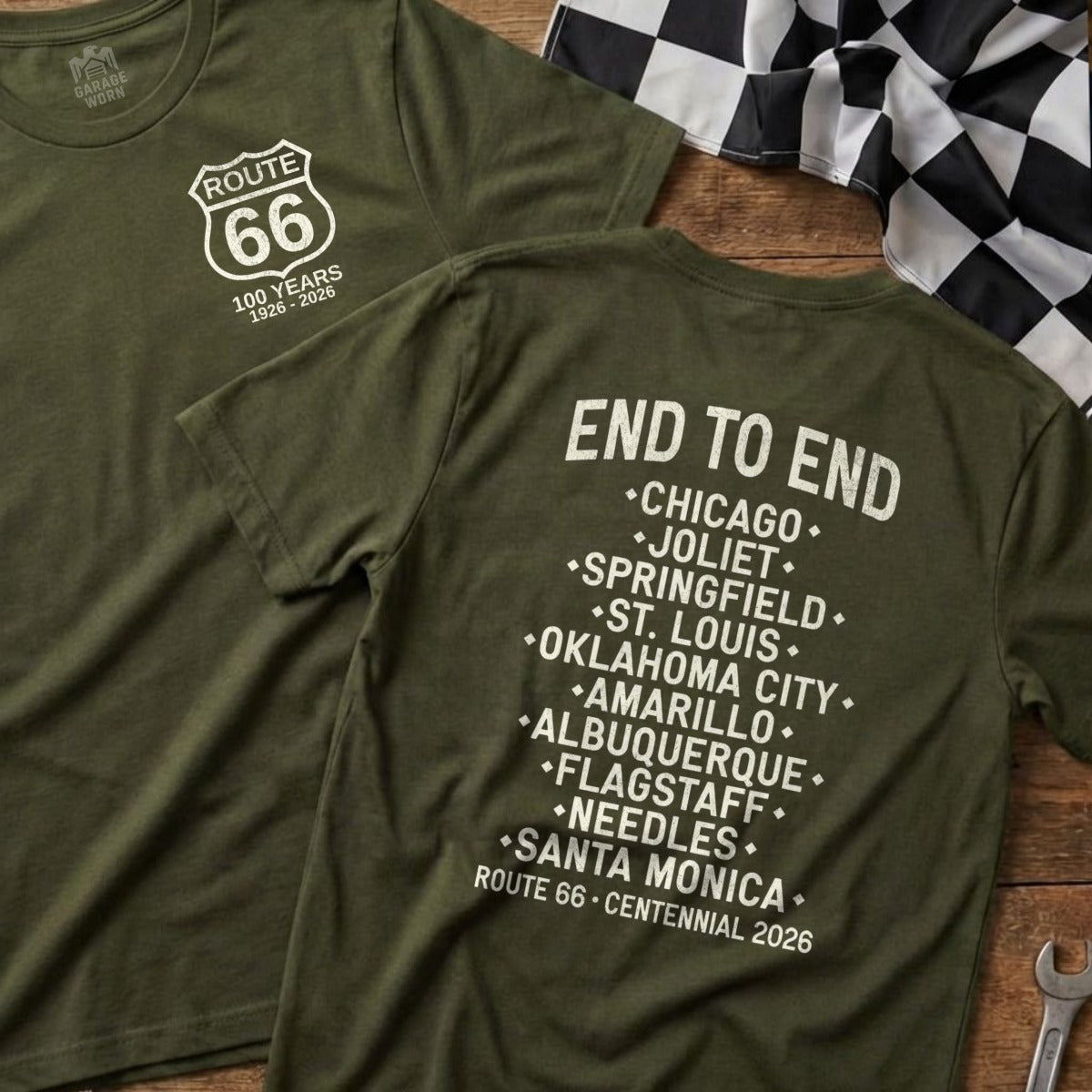 Olive green Route 66 Centennial t-shirt with cities listed from Chicago to Santa Monica.