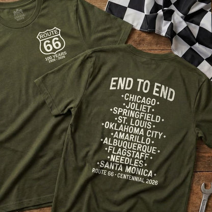 Olive green Route 66 Centennial t-shirt with cities listed from Chicago to Santa Monica.