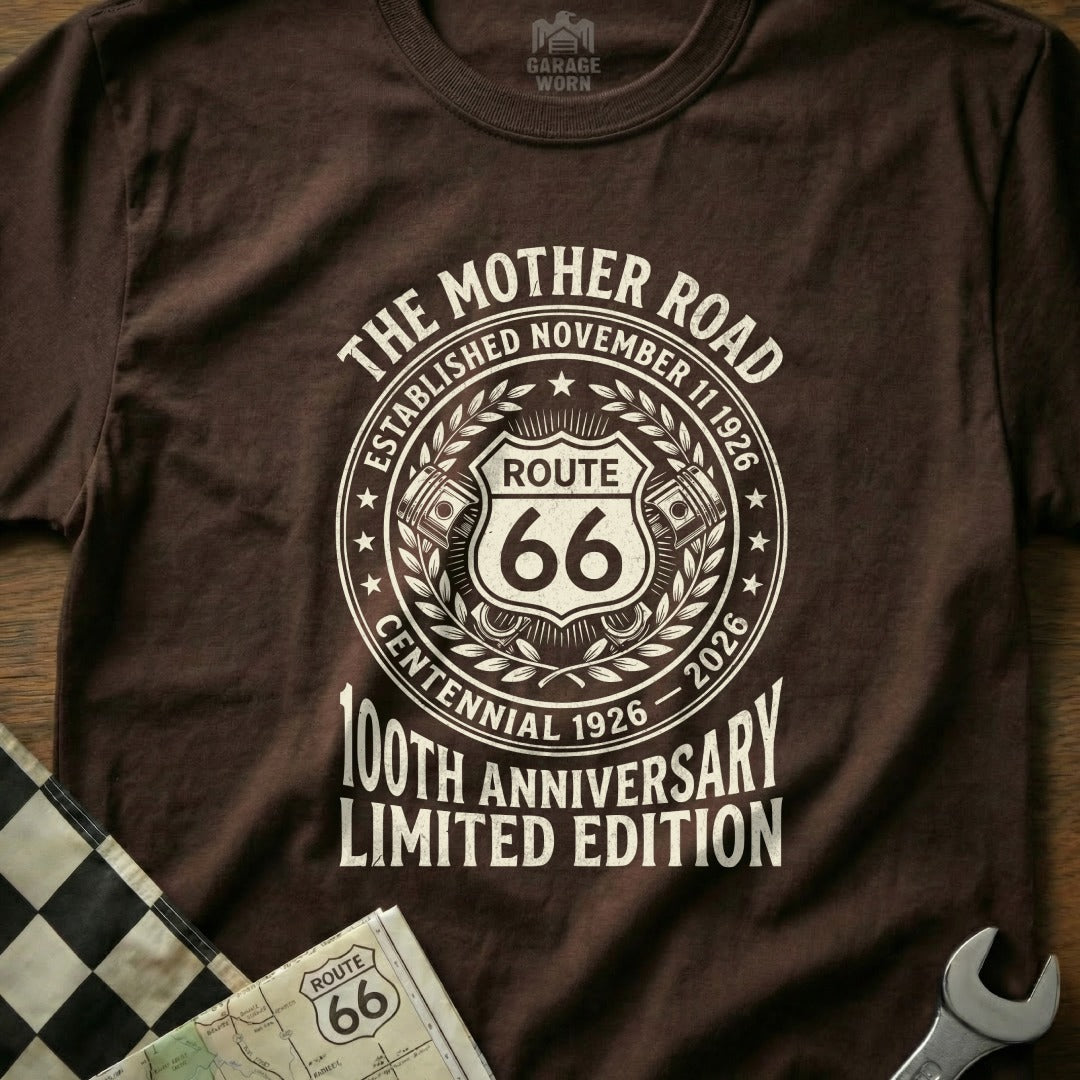 Brown t-shirt celebrating Route 66 Centennial Limited Edition.