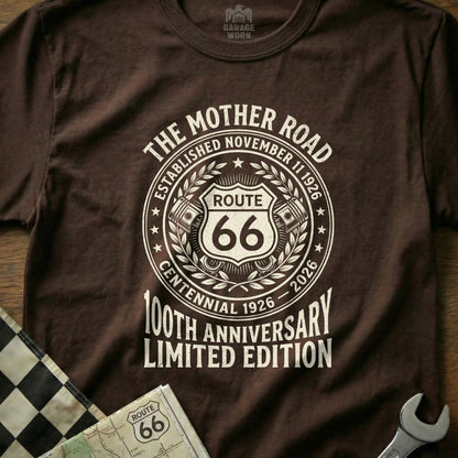 Brown t-shirt celebrating Route 66 Centennial Limited Edition.