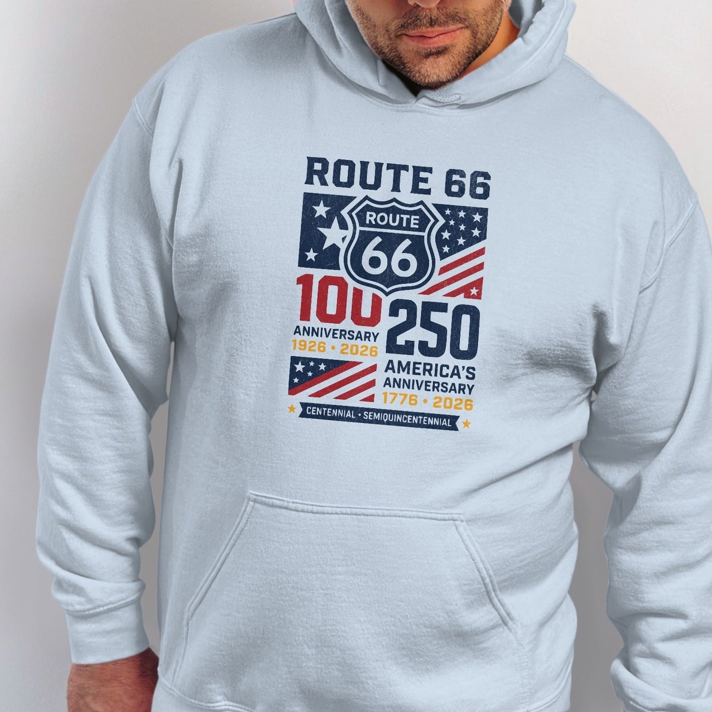 Light blue hoodie with Route 66 100th anniversary and America's 250th anniversary graphic.