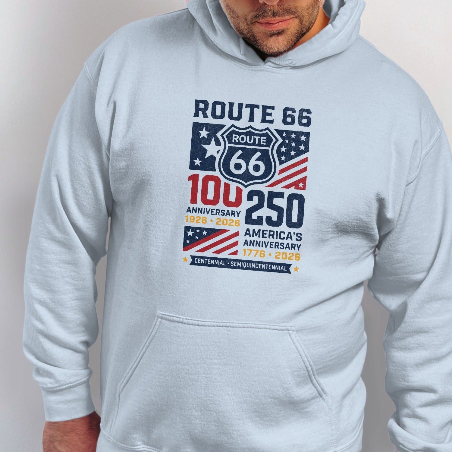 Light blue hoodie with Route 66 100th anniversary and America's 250th anniversary graphic.