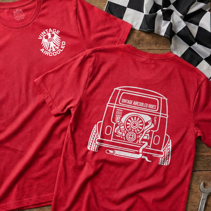 Red t-shirt with a vintage air-cooled vehicle illustration on the back.