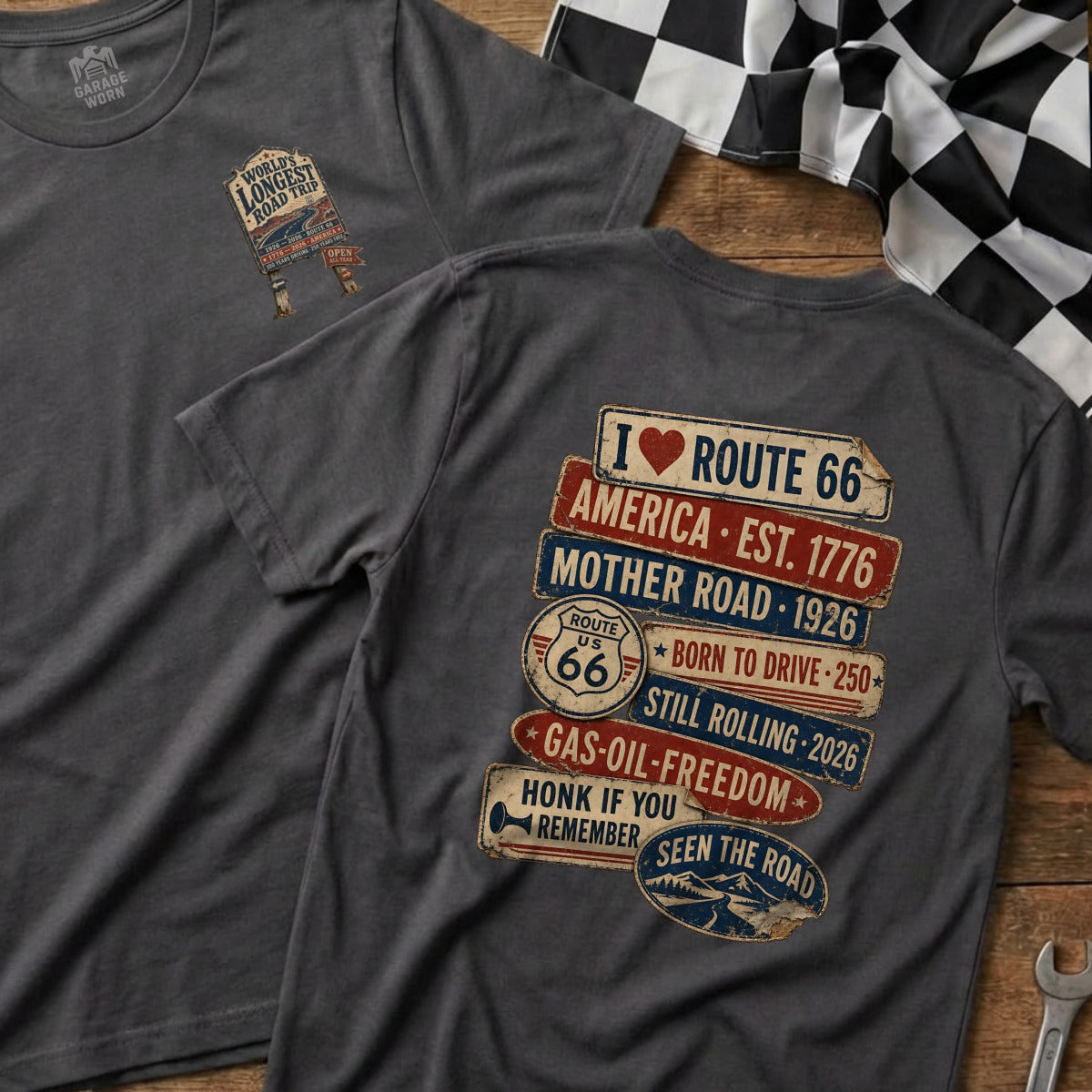 Dark gray t-shirt with Route 66 and road trip graphics and text.