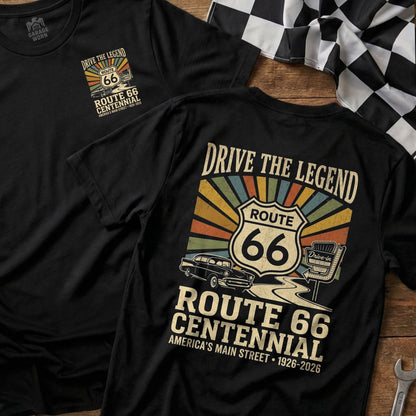 Route 66 Centennial t-shirt design with vintage car and drive-in sign.