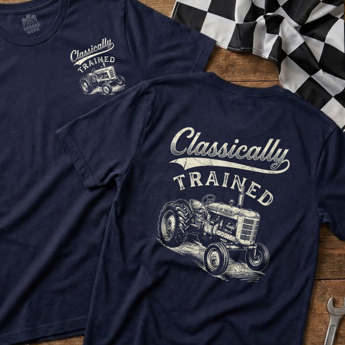 Navy t-shirts with "Classically Trained" text and vintage tractor graphic.