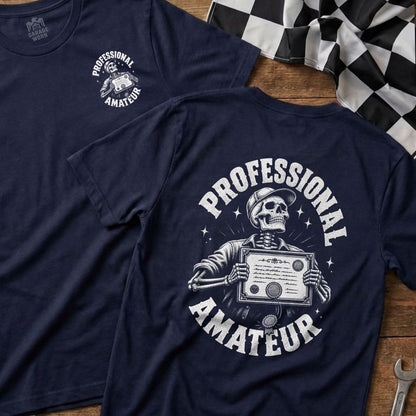 Navy t-shirt with skeleton graphic holding a certificate, text "PROFESSIONAL AMATEUR".