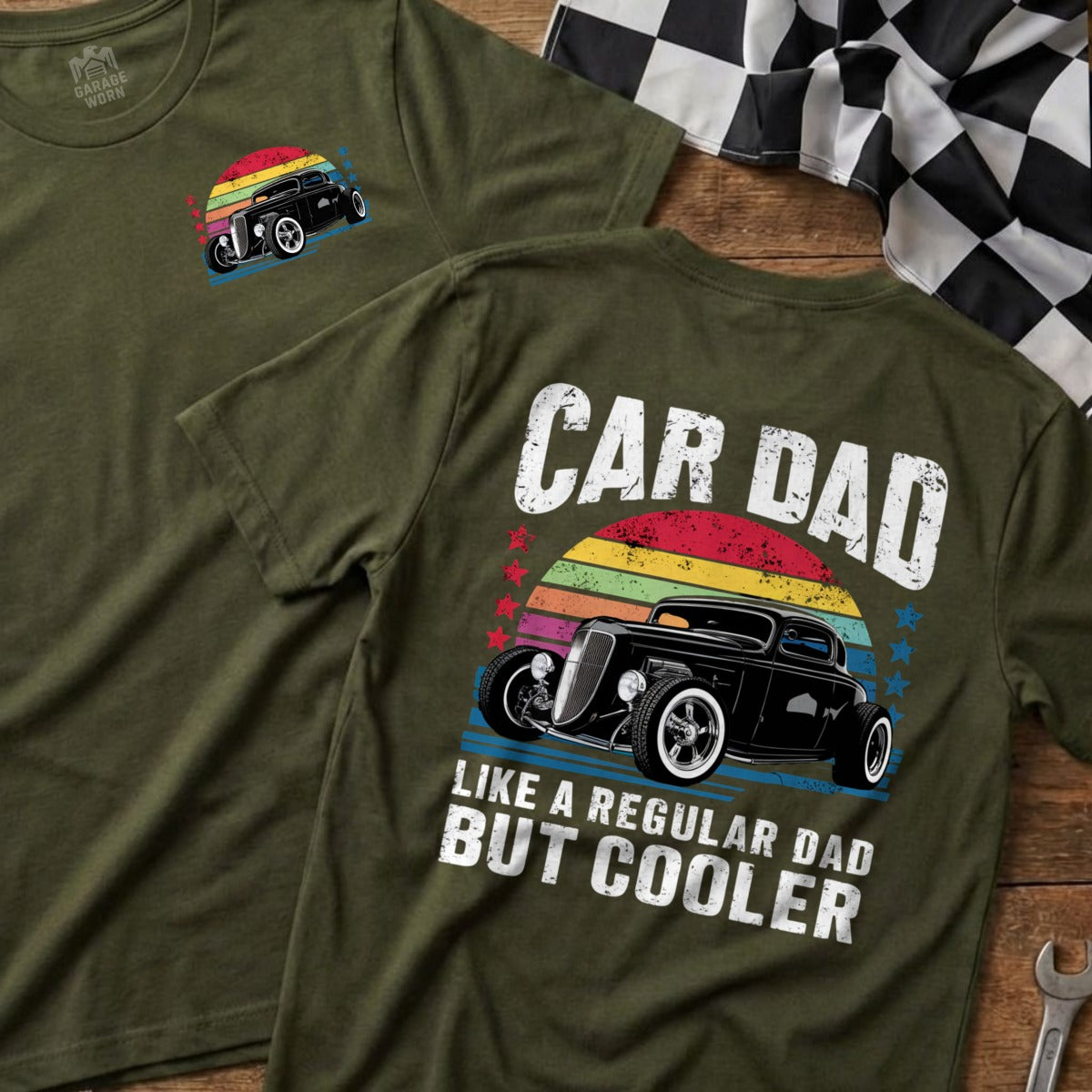 Olive green t-shirt with black classic car and "CAR DAD LIKE A REGULAR DAD BUT COOLER" text.