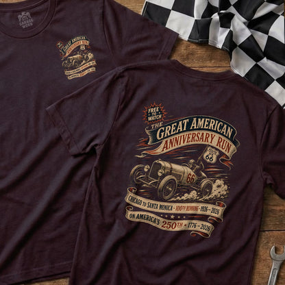 Burgundy t-shirt featuring vintage car, Route 66, and "Great American Anniversary Run" text.