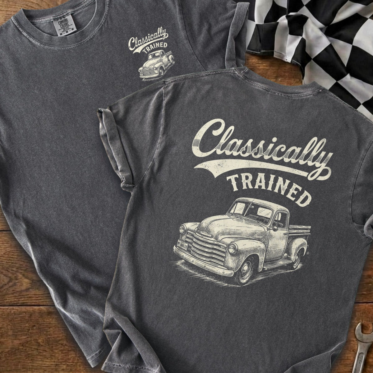 Dark grey t-shirt with "Classically TRAINED" and a vintage truck graphic.