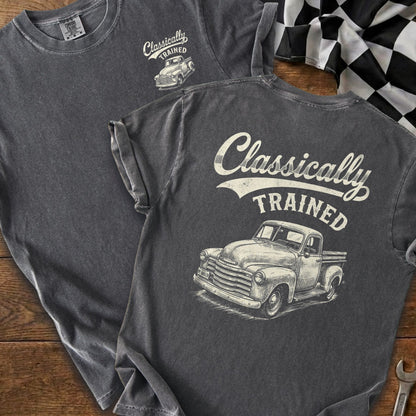 Dark grey t-shirt with "Classically TRAINED" and a vintage truck graphic.