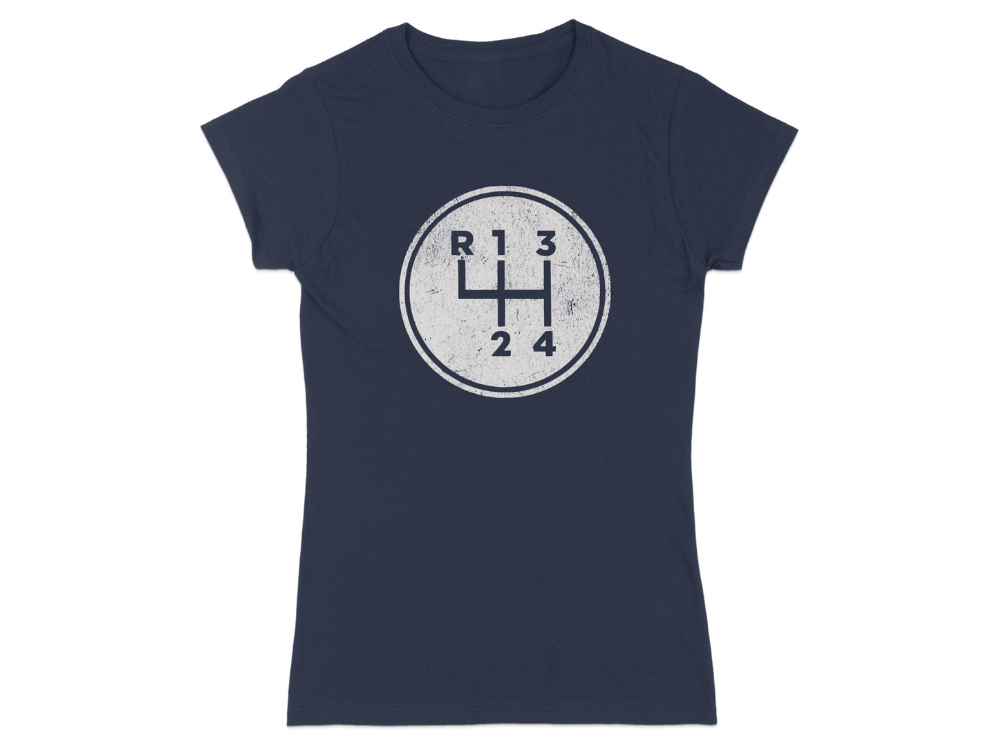Navy blue t-shirt with a distressed white circle graphic of a manual transmission shift pattern.