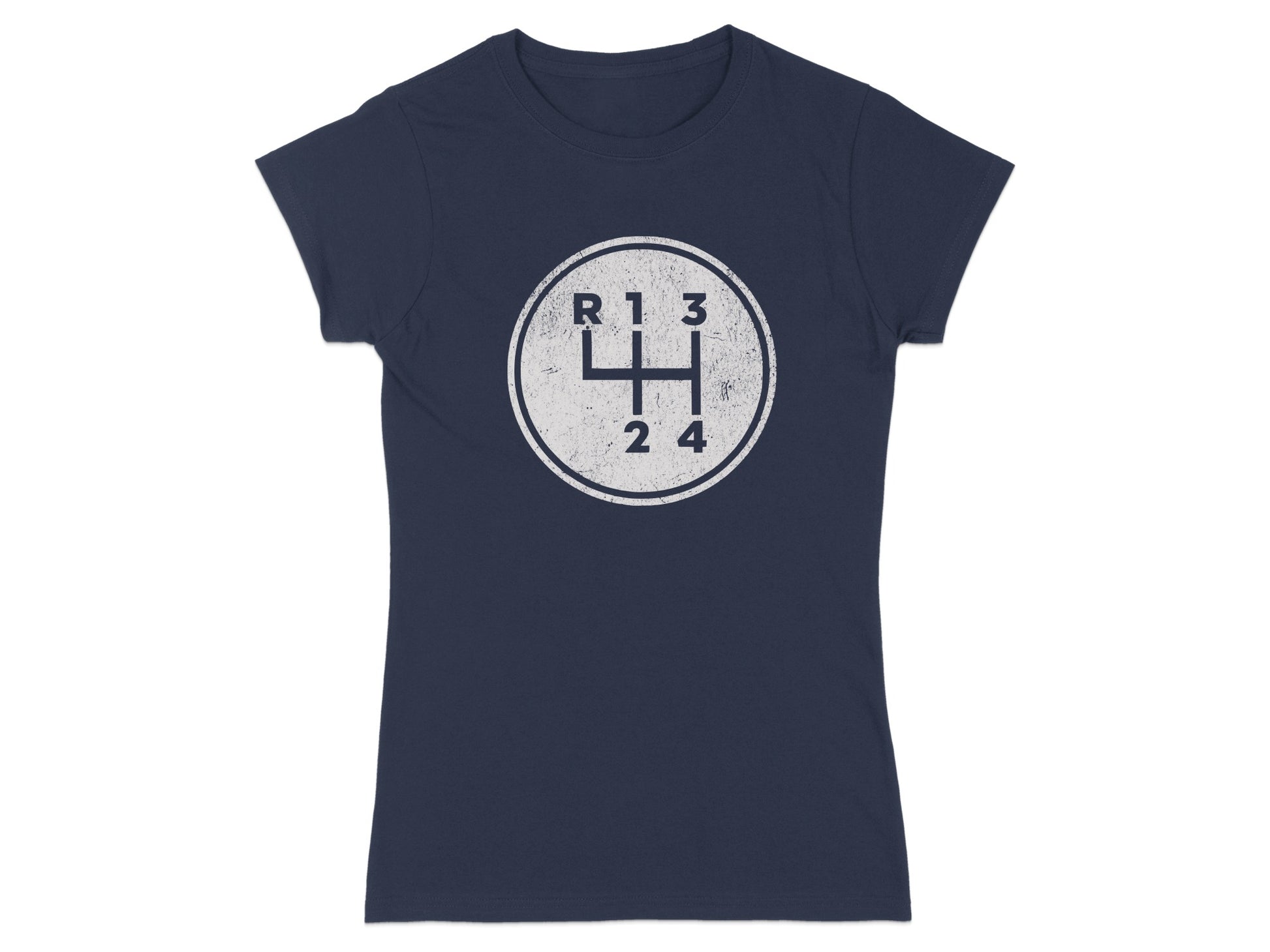 Navy blue t-shirt with a distressed white circle graphic of a manual transmission shift pattern.
