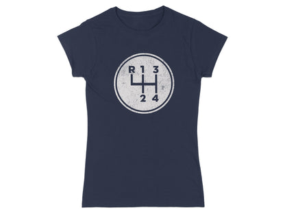 Navy blue t-shirt with a distressed white circle graphic of a manual transmission shift pattern.
