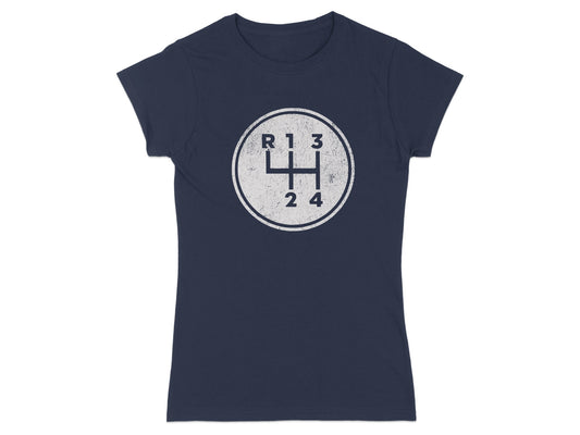 Navy blue t-shirt with a distressed white circle graphic of a manual transmission shift pattern.